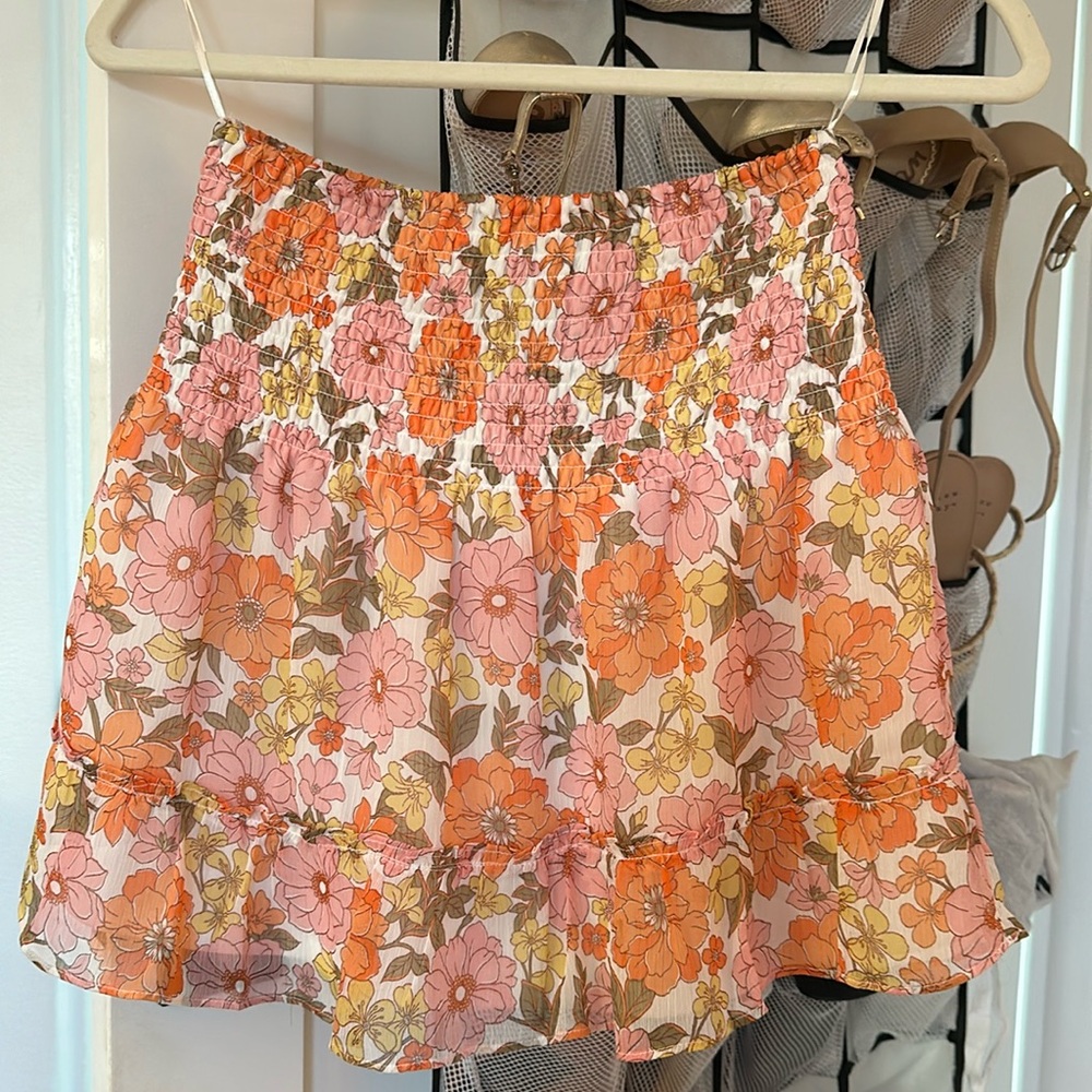 Aqua Pink Multi-Floral Print Smocked Crinkle Chiffon Mini Skirt Size XS NWT